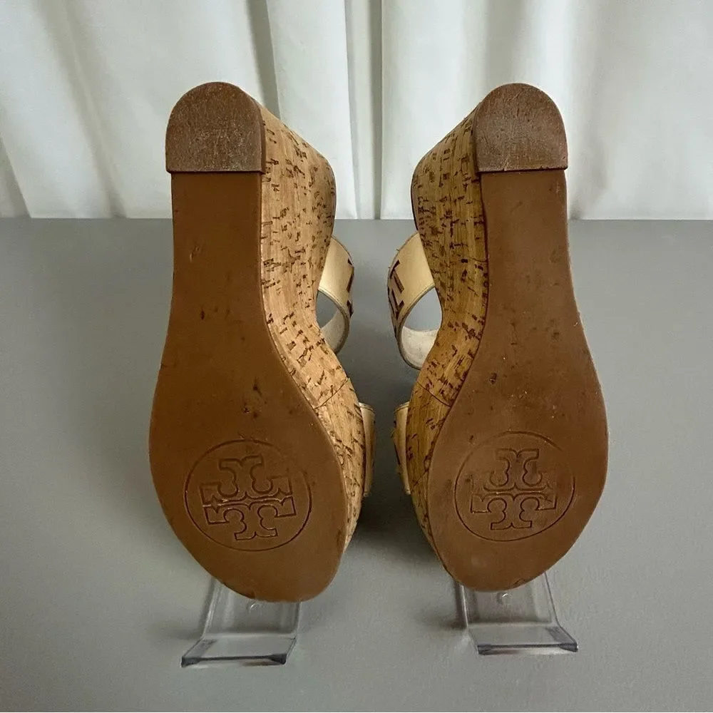 Tory Burch Tan and Cream Wedge Sandals size 8M - Picture 5 of 11